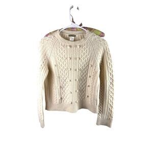J.Crew Womens Cable-Knit Lambswool Pom-Pom Sweater Ivory Size S Cozy EUC